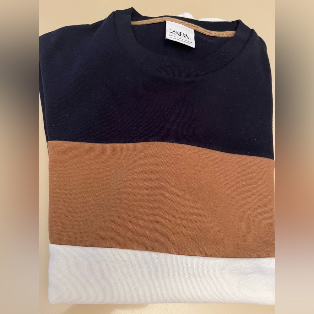 Zara. Long sleeve crew neck sweater. Color trio: Dark blue/brown/white. Size - S